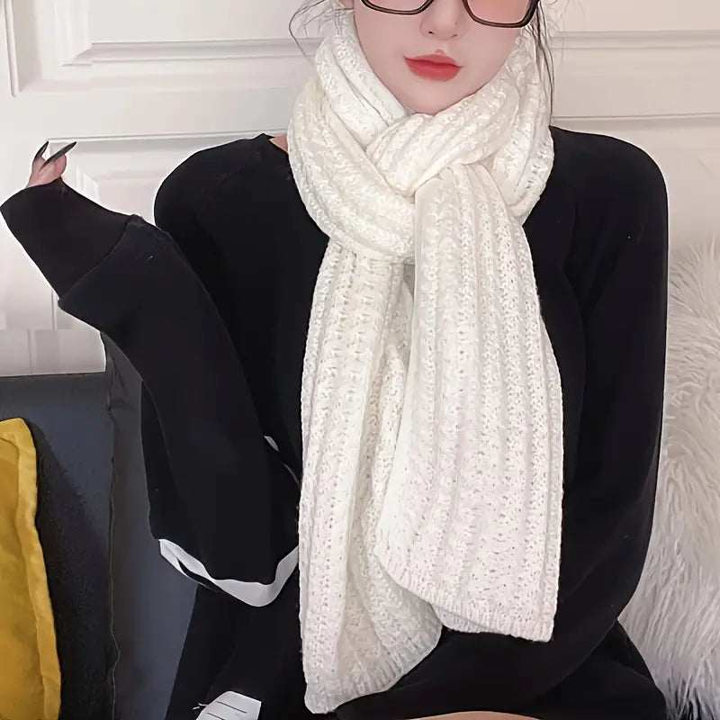 Thea Elegant Knitted Scarf in White – Luxurious, Thick, Stretchy, Breathable, Soft